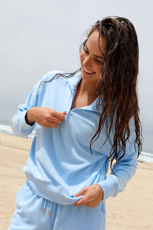  Callie Terry Cloth 1/4 Zip Pullover Sweatshirt - Sky