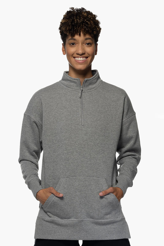  Maisy 1/4 Zip Fleece Pullover Side Slit Sweatshirt - Heather Grey