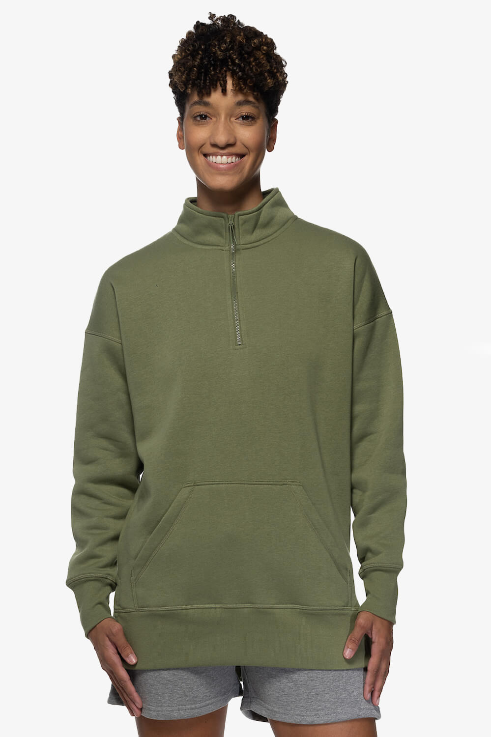 Maisy 1/4 Zip Fleece Pullover Side Slit Sweatshirt - Moss