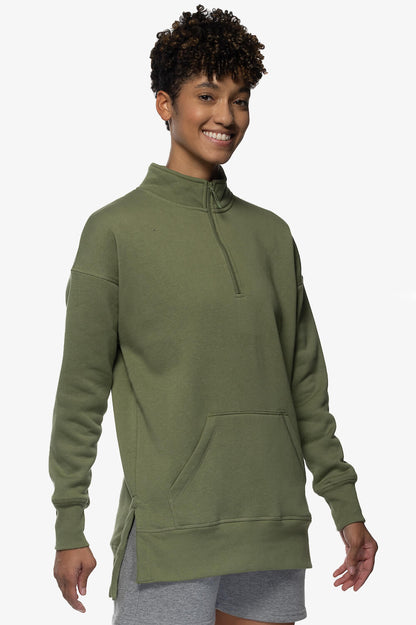  Maisy 1/4 Zip Fleece Pullover Side Slit Sweatshirt - Moss